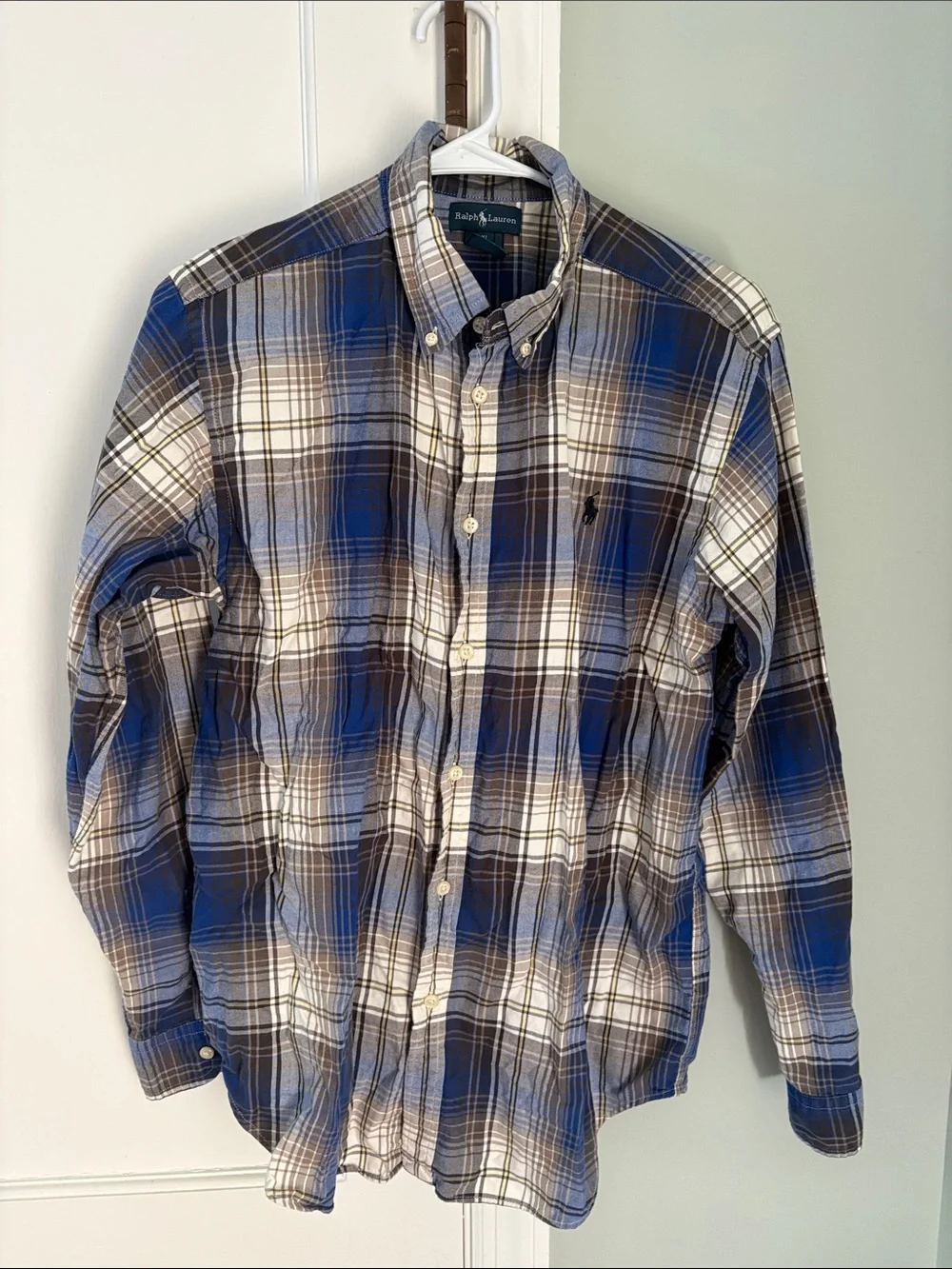 Ralph Lauren Blue White Plaid Button-Down Shirt Boy Size XL 18-20